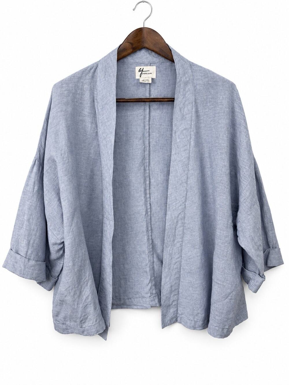 Andrea Jovine Womens Large Blue 100% Linen Kimono Jacket Open Front Coastal Boho